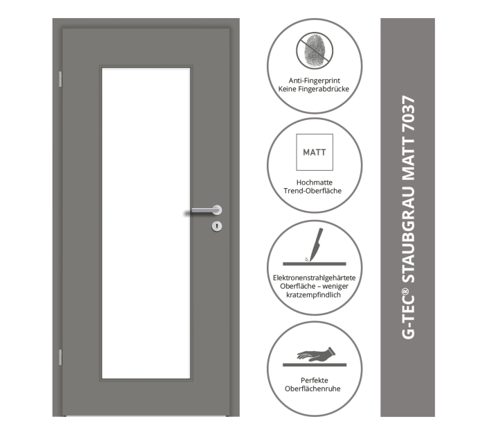 860x1.985 PRÜM Tür TB LA RPKR G-TEC® Staubgrau MT DIN LI Lichtöffnung LA-DIN, kleine Rundkante - Detail 1