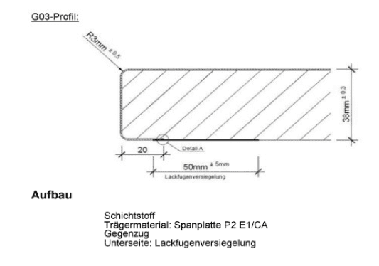 K2821 AN Arbeitsplatte Eiche Vendela Canoa 39mm 4.100x600mm Kaindl Profil GS3/0 - Detail 1